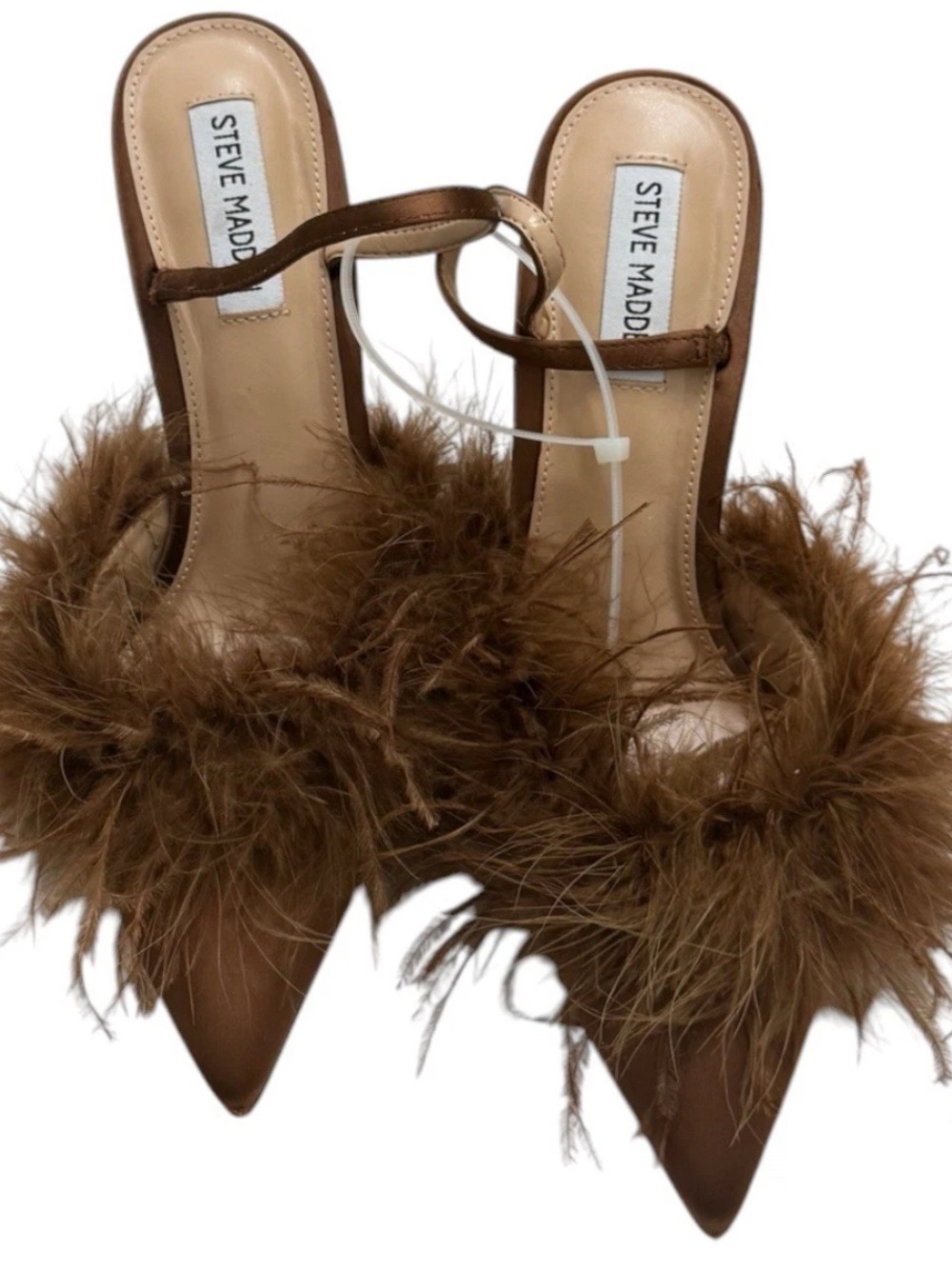 Steve Madden cocktail Satin Pumps and Feather Toe SlingBack Brown Heels Size 9